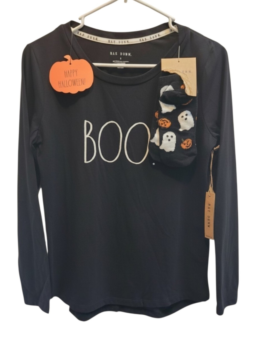 Rae Dunn Black Womens Long Sleeve Shirt with White "BOO" Graphic Small